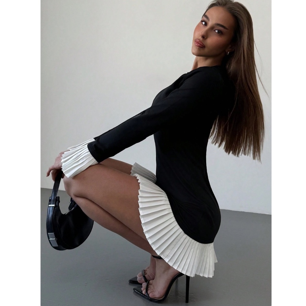 Short Black Dress White Skirt Cuff Pleated Trim Long Sleeve - Picture 7 of 10